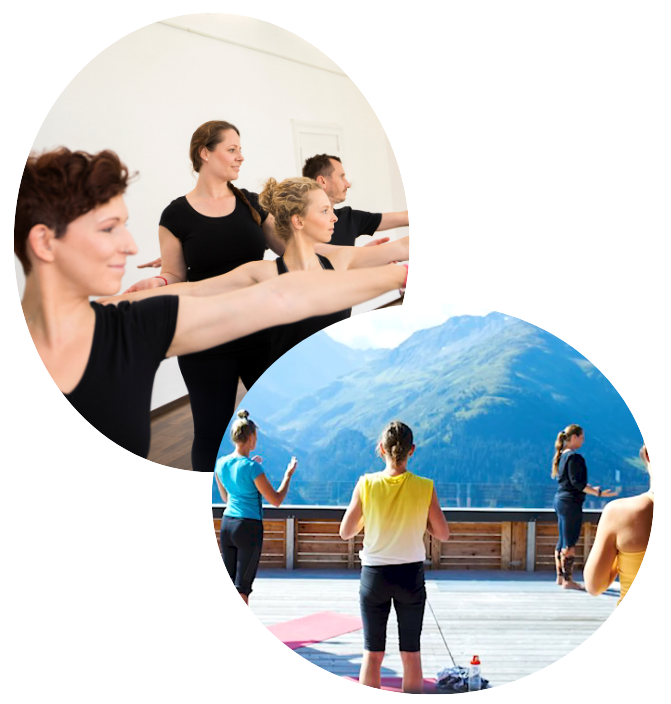 Zwei Bilder von Christine in einer Yogastunde als Lehrerin