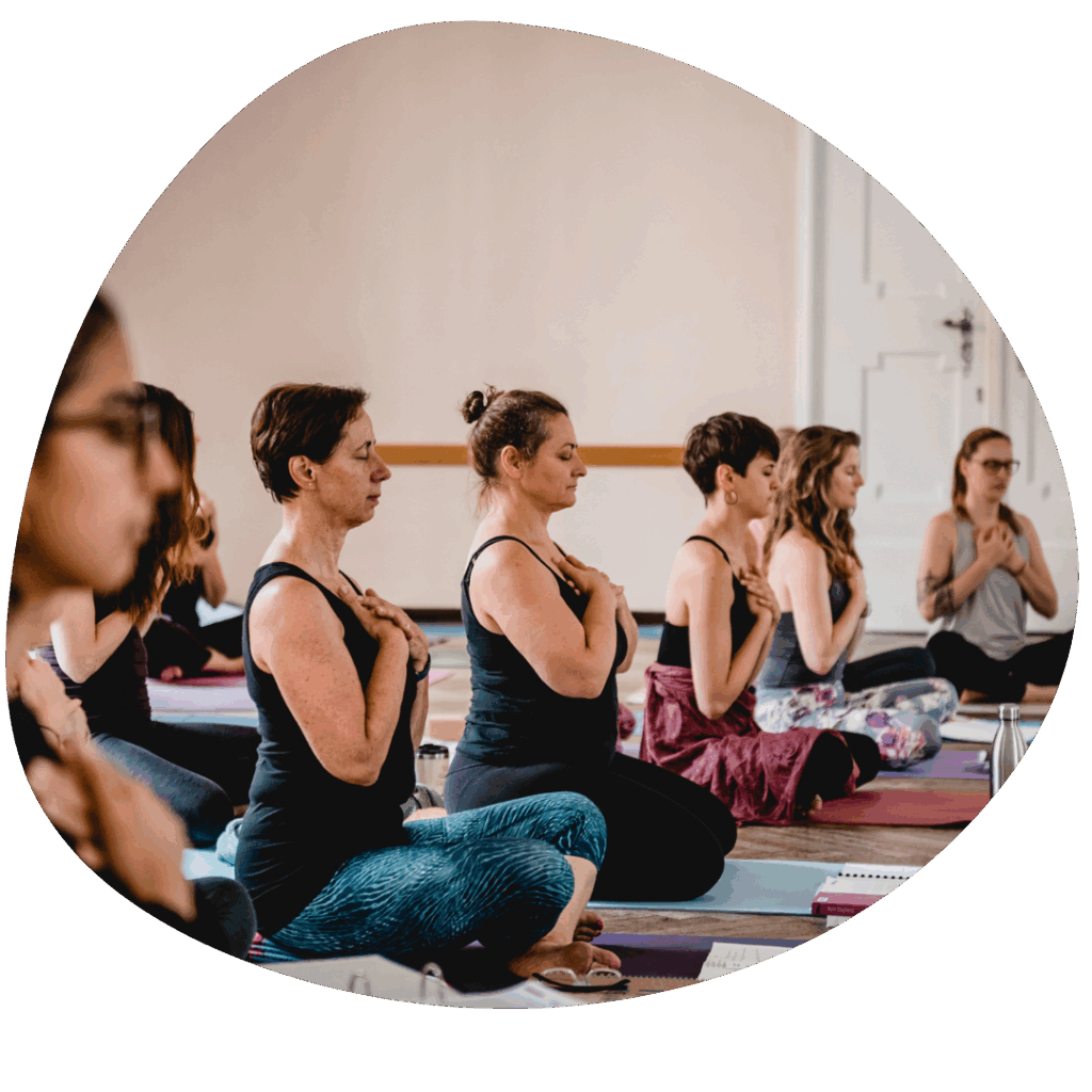6 Yoginis meditieren nebeneinander in einer Yogastunde.